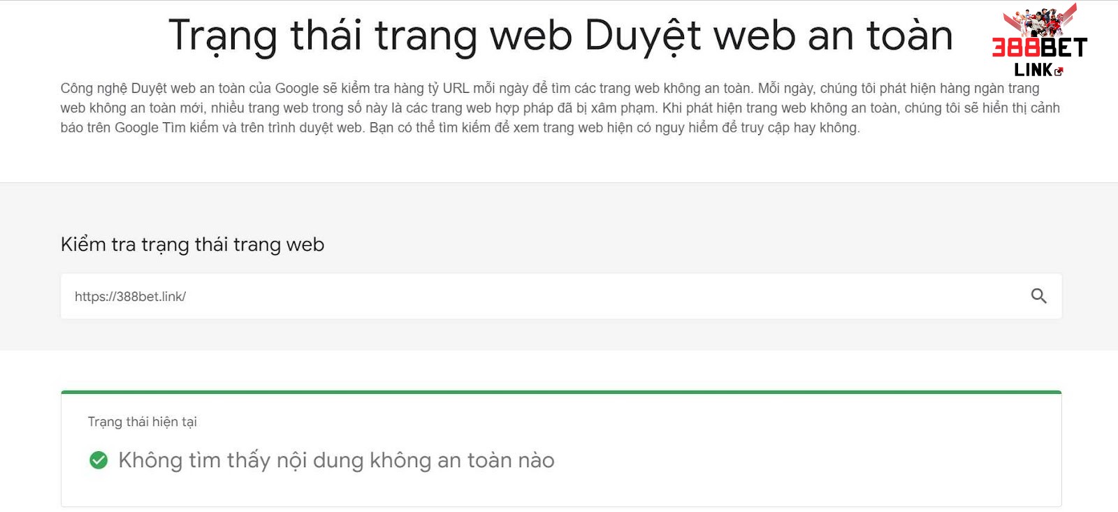 Độ an toàn của 388bet.link trên Google Safe Browsing Diagnostic
