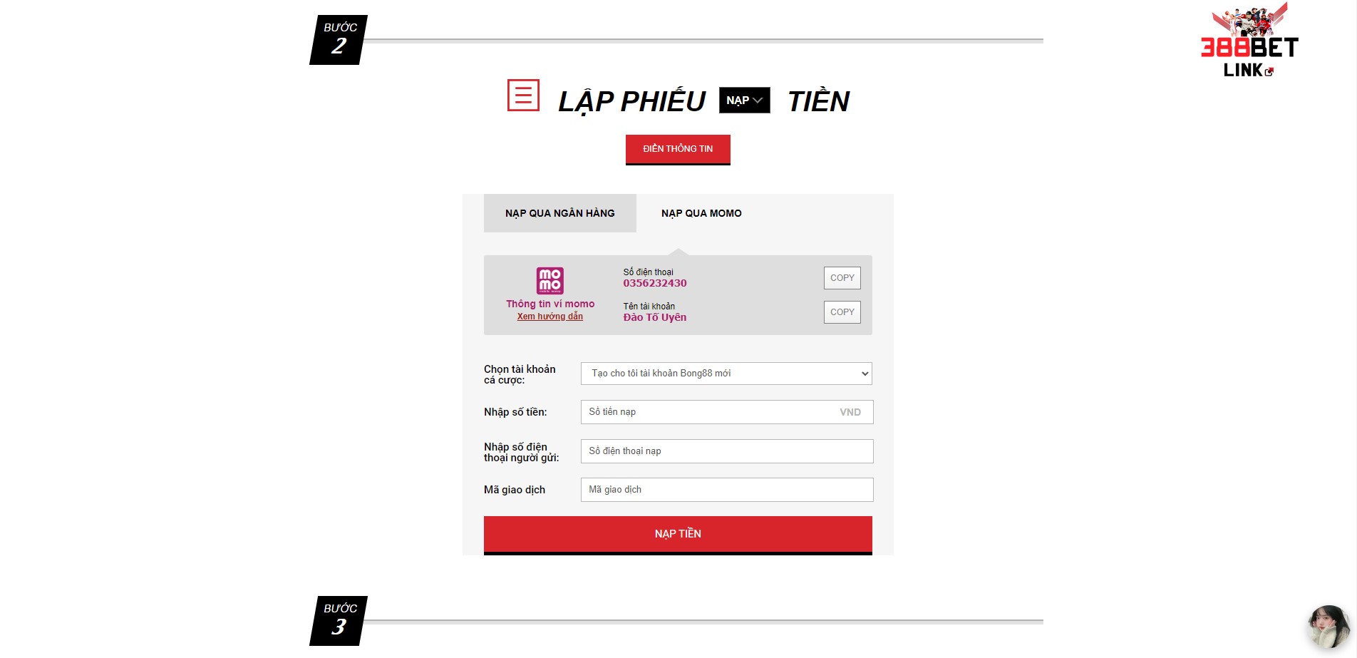 Giao diện nạp tiền qua Momo tại 388Bet