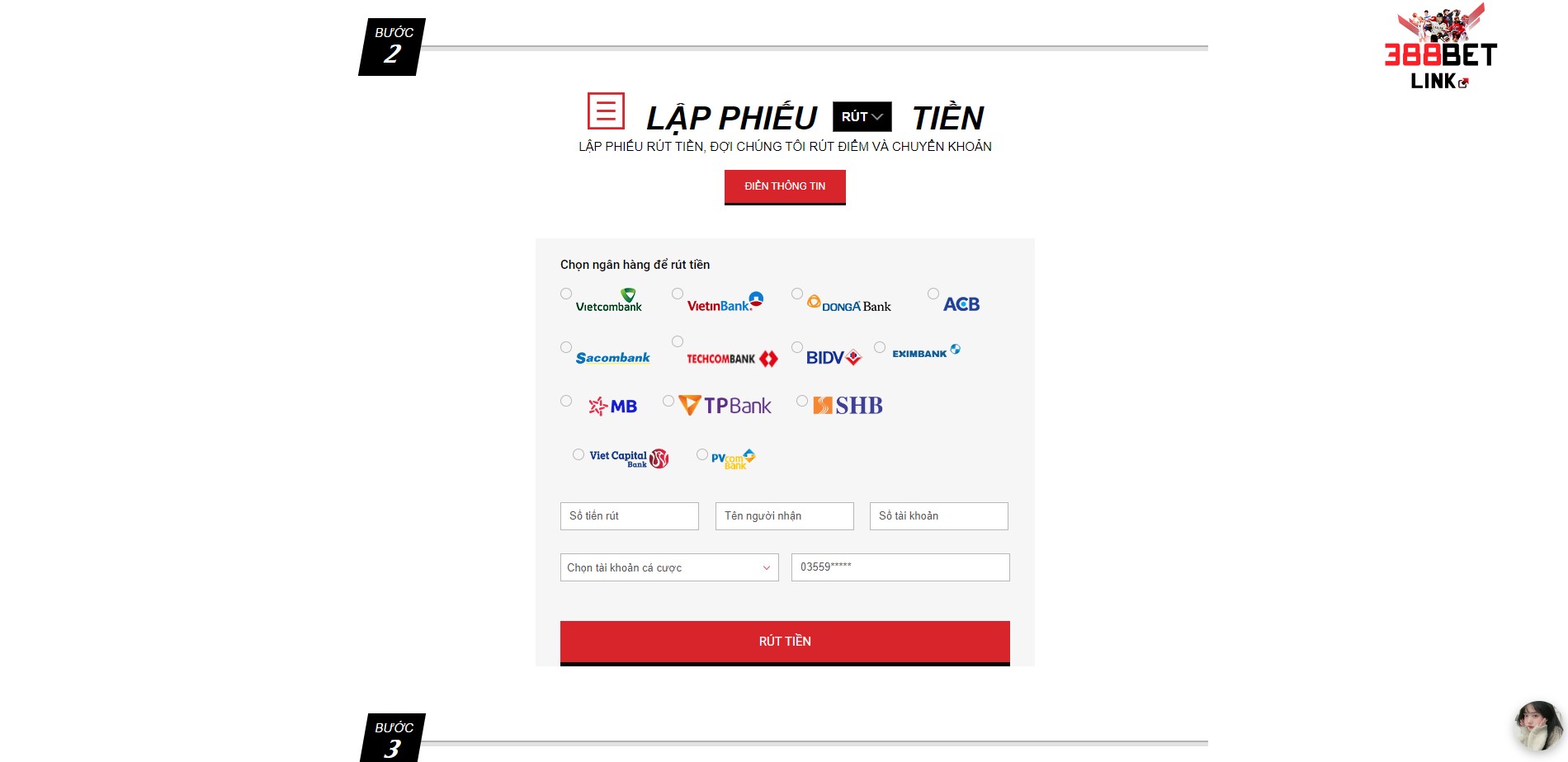 Giao diện rút tiền tại 388Bet