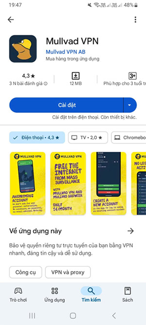 Anh em nhấn vào cài đặt Mullvad VPN