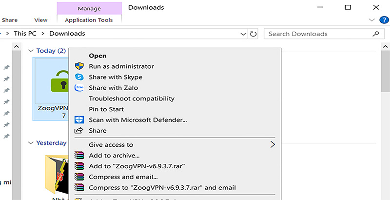 Anh em nhấn vào Open file ZoogVPN