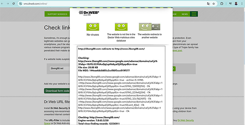 Kết quả kiểm tra độ an toàn của 2bong88.com bằng Dr.Web Anti-Virus Link Checker