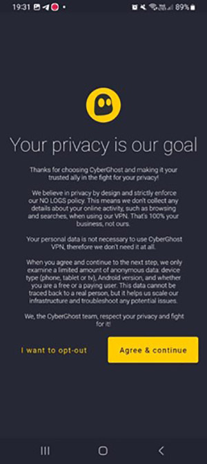 Nhấn Agree & Continue điều kiện của Cyberghost VPN