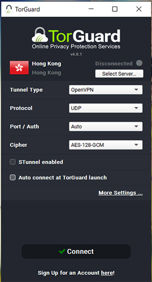 Nhấn Connect để kết nối Torguard