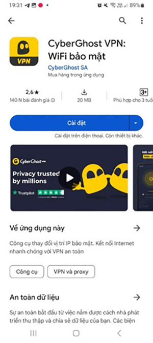 Nhấn vào Cài Đặt Cyberghost VPN