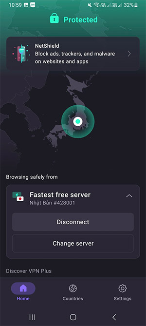Phần mềm Proton VPN thành công sẽ xuất hiện điểm truy cập IP màu xanh như ảnh trên