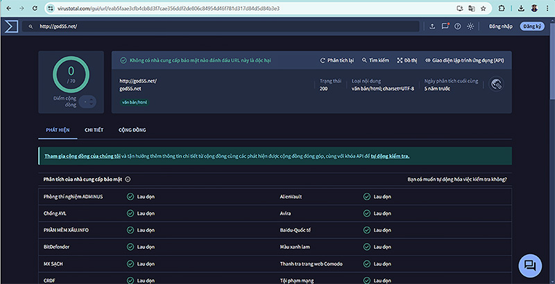 Xác nhận kiểm tra god55.net an toàn qua phần mềm Virustotal