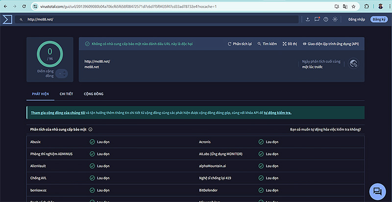 Xác nhận me88.net an toàn của Virustotal
