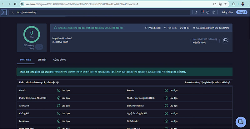 Xác nhận me88.online an toàn của Virustotal