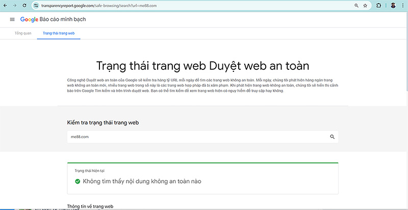 Xác nhận trạng thái duyệt web an toàn của me88.com