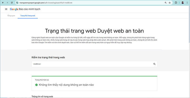Xác nhận trạng thái duyệt web an toàn của me88.net